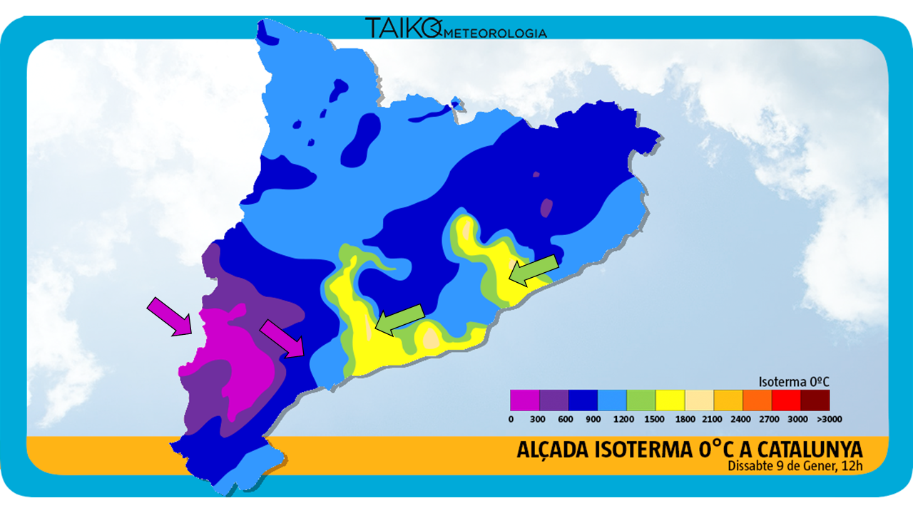 Mapa de la altura de la isoterma de 0ºC en Cataluña